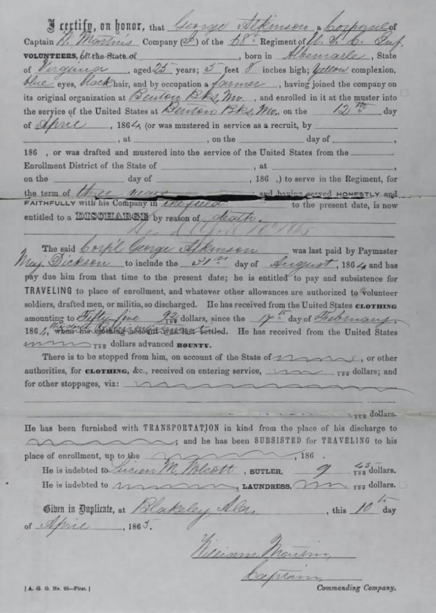 Discharge Form for George Atkinson
